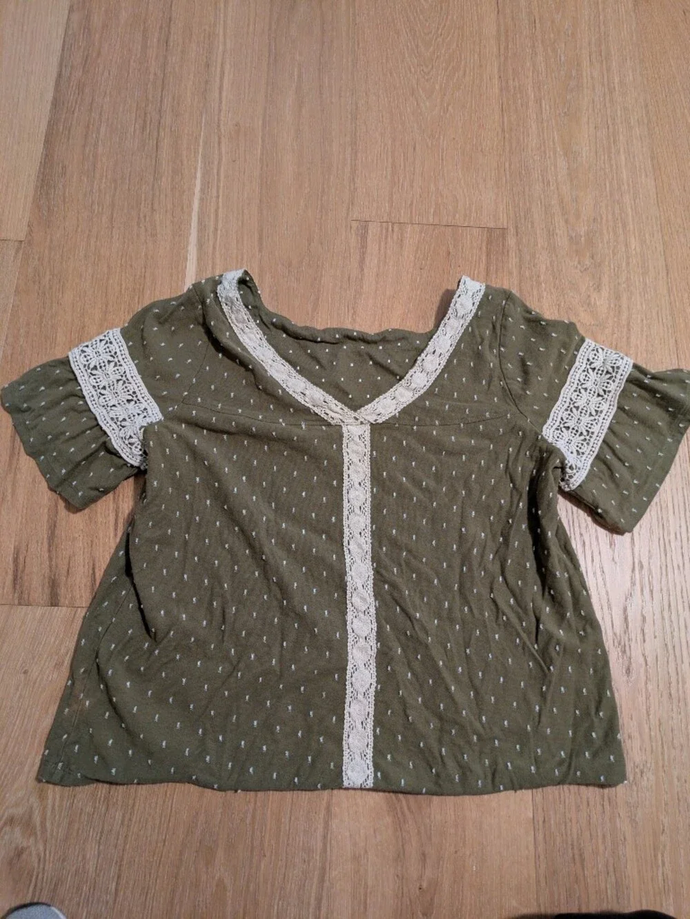 Anthropologie Maeve Olive Peasant Blouse with White Lace Trim - Picture 2 of 3